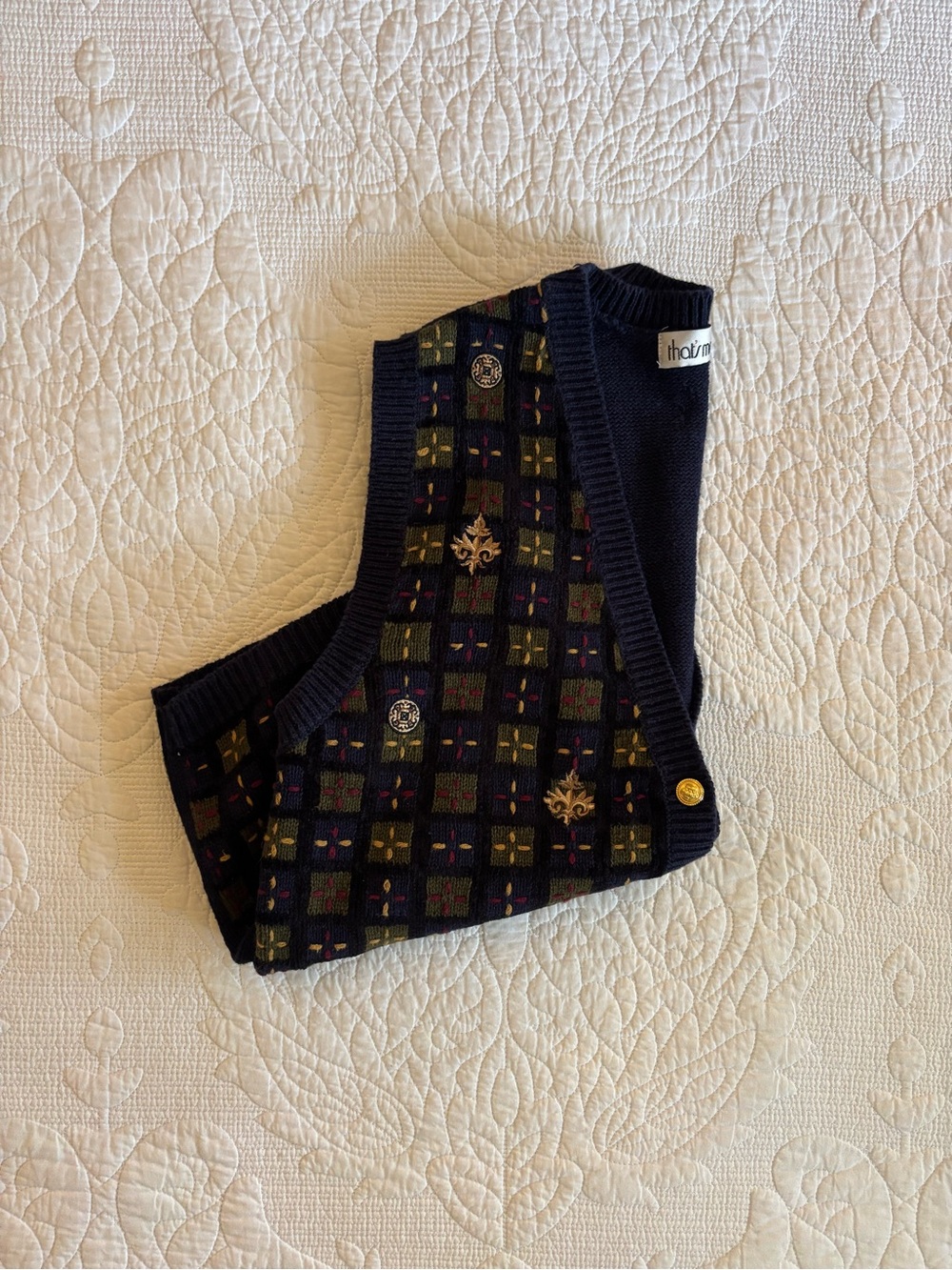 Vintage Navy Patterned Knit Vest with Decorative Buttons